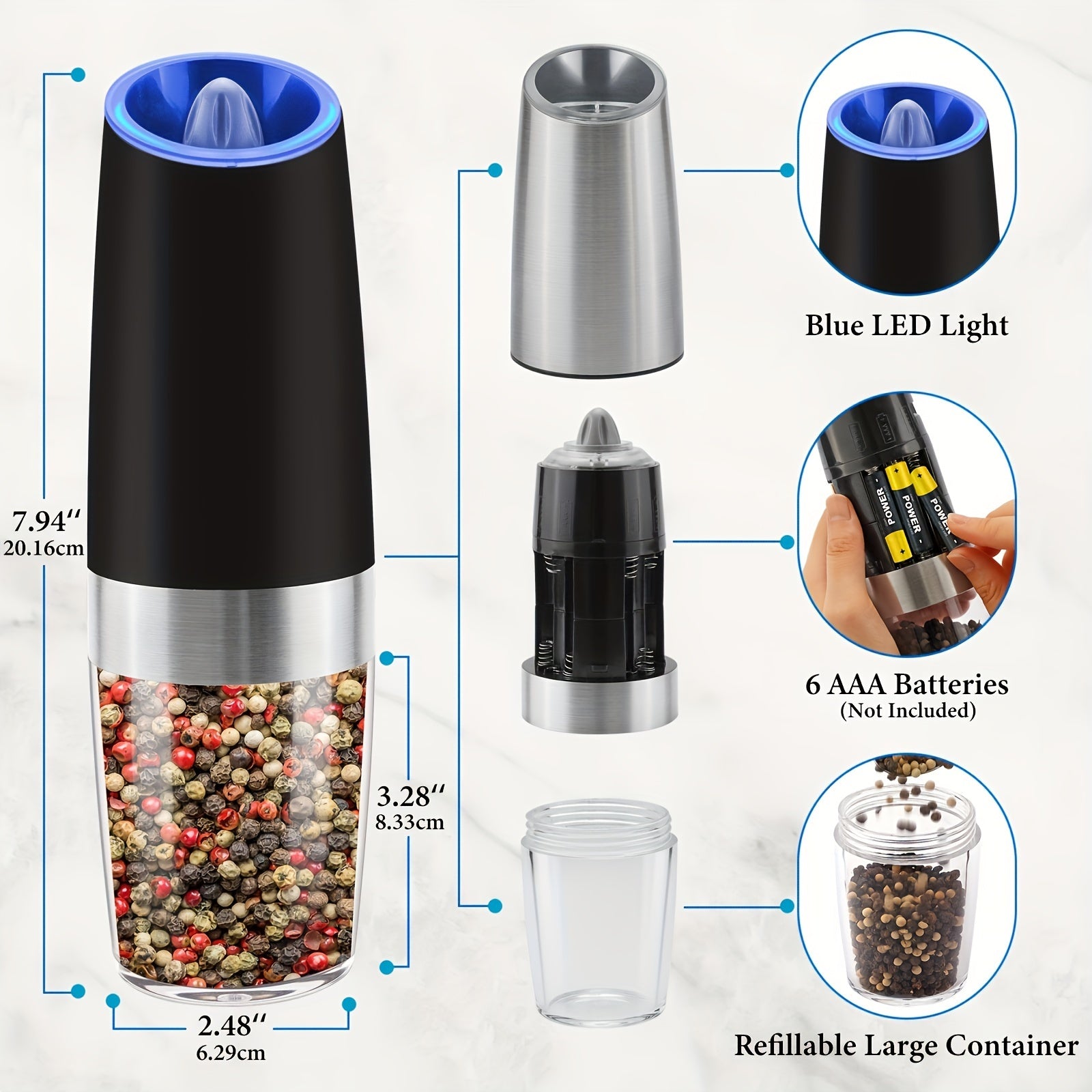 Electric Salt & Pepper Grinder Set – Gravity, LED, Adjustable