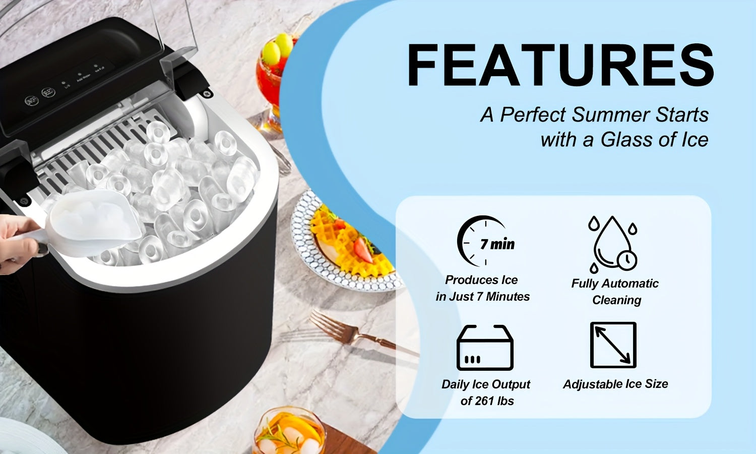 iceSaeoola Countertop Ice Maker Machine, Makes 9 Ice Cubes In 7 Minutes, Self-Cleaning Ice Maker With Ice Scoop And Basket, 2 Sizes Of Bullet Ice For Home, Kitchen, Camping, Party, RV. (BLACK)