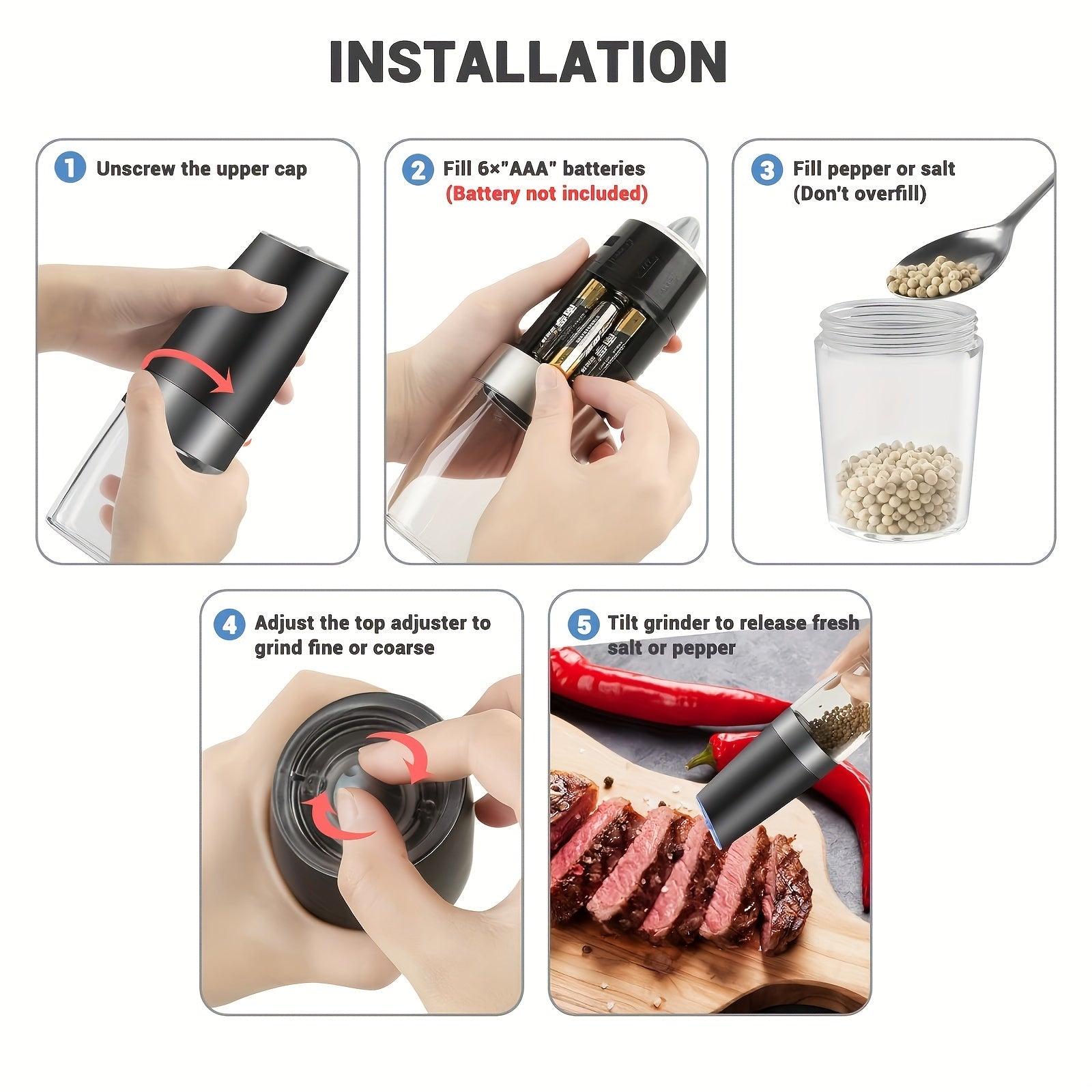 Electric Salt & Pepper Grinder Set – Gravity, LED, Adjustable