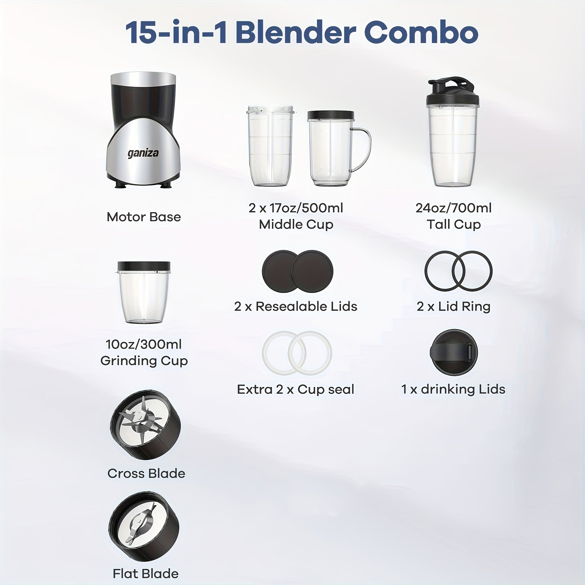 900W Personal Blender & Juicer Set – 15pcs with 4 Cups