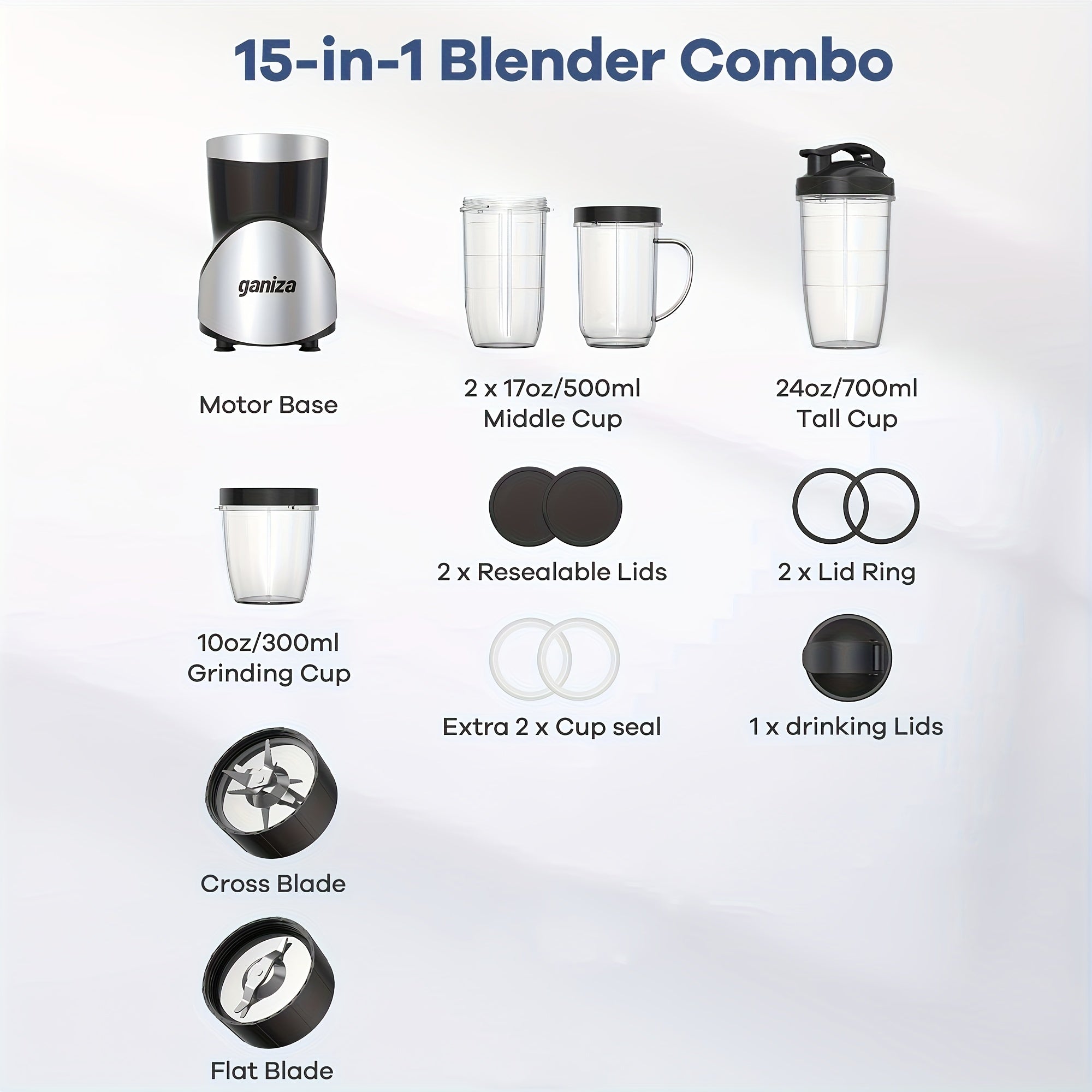 900W Personal Blender & Juicer Set – 15pcs with 4 Cups