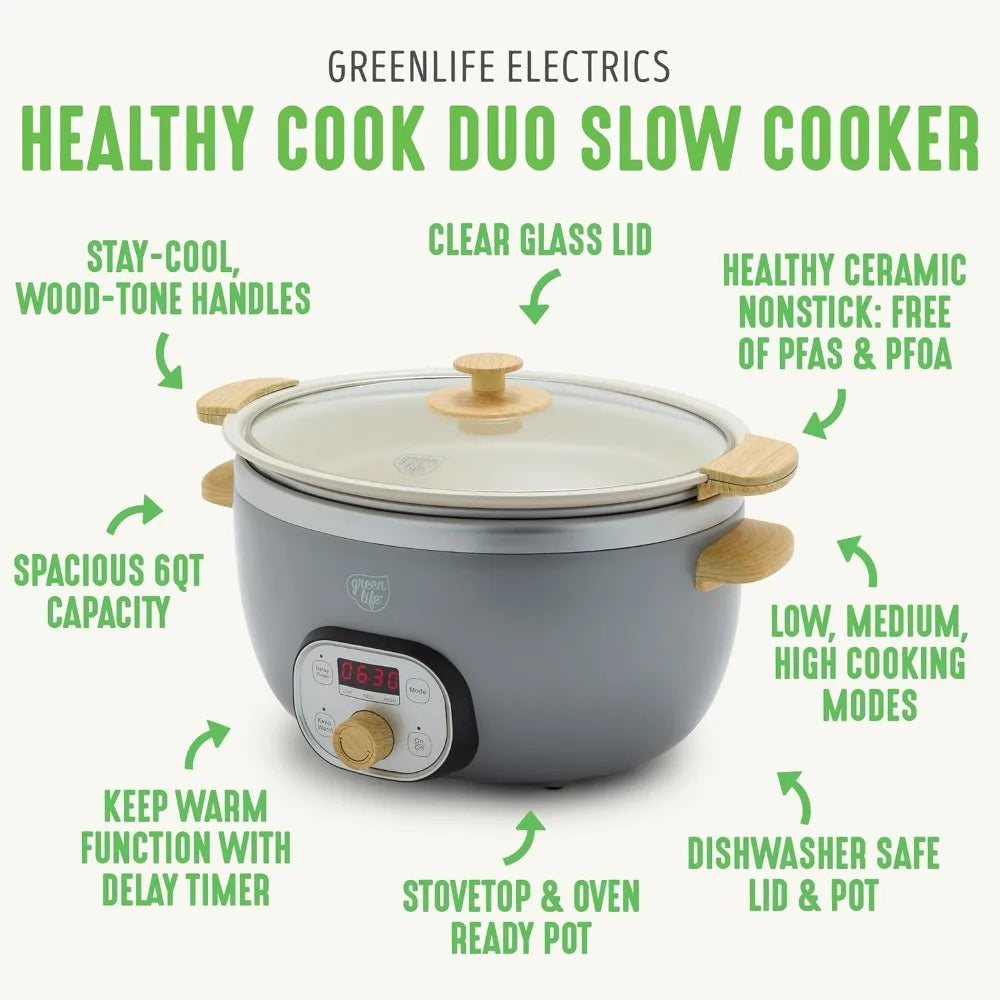 6 QT Ceramic Non Stick Slow Cooker, Programmable Removable Pot for Family Meals, Sear on Stovetop Keep Warm, Digital Timer