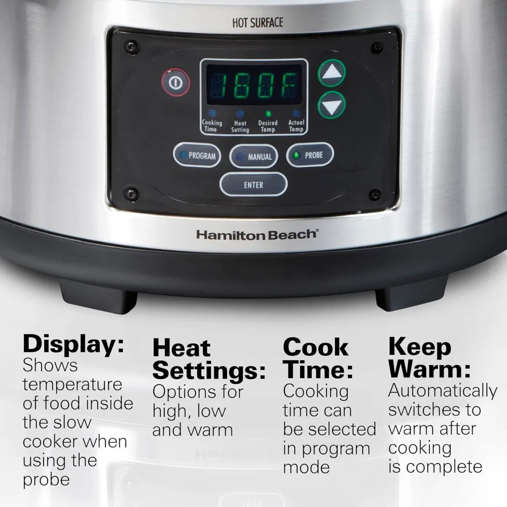 Portable 6 Quart Set & Forget Digital Programmable Slow Cooker with Lid Lock, Temperature Probe, Stainless Steel