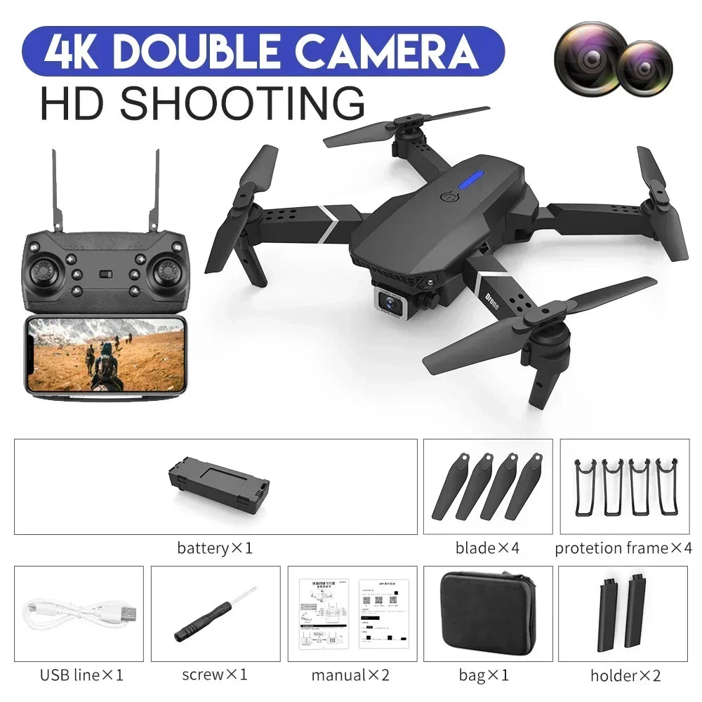 New E88 Pro FPV Drone with HD 4K 1080P Camera, WIFI, Height Hold, Foldable RC Quadcopter Helicopter Toy Gift