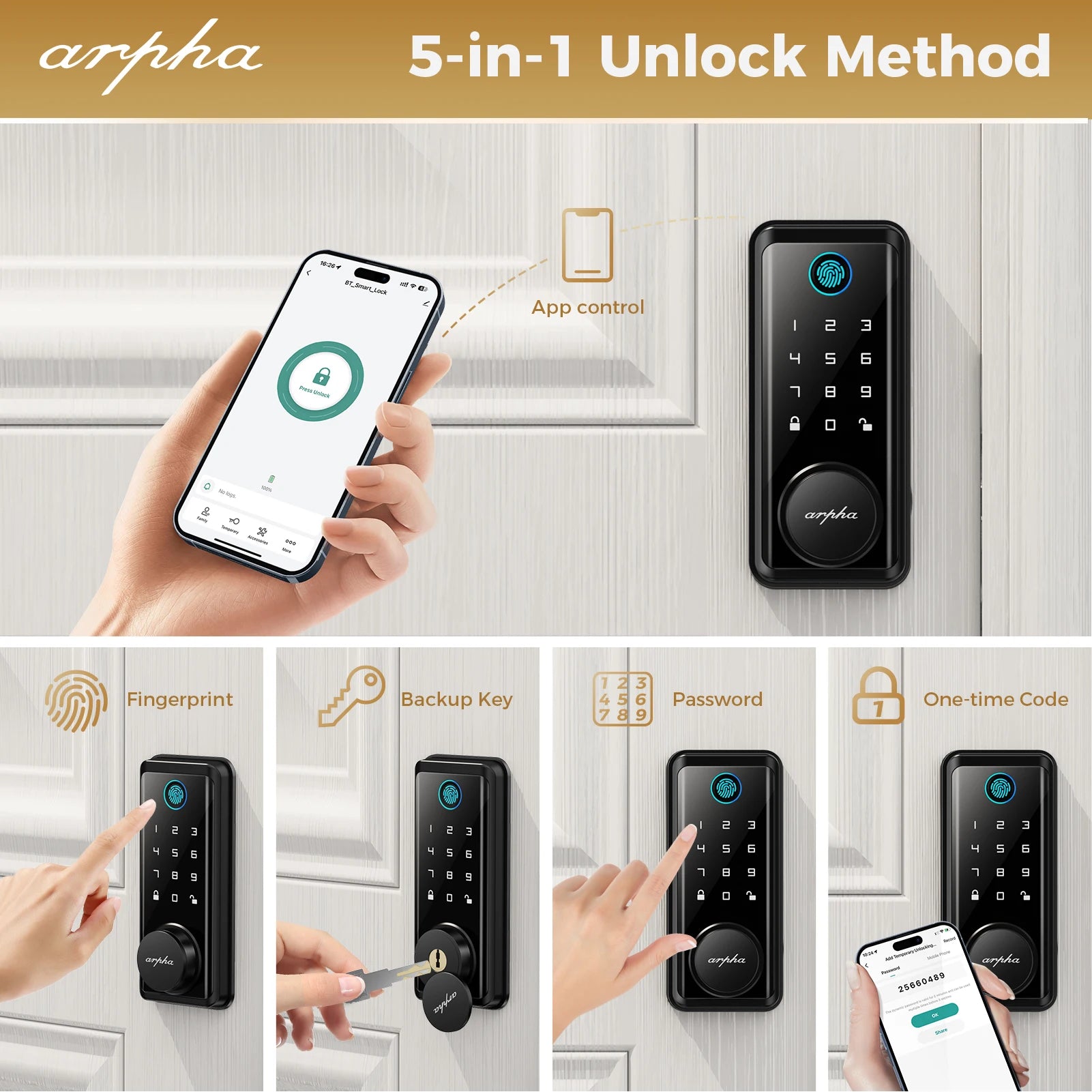 Arpha Smart Lock D601 Fingerprint Keyless Deadbolt Lock Multiple Entry Methods Touch ID IP54 Waterproof Easy Installation Black