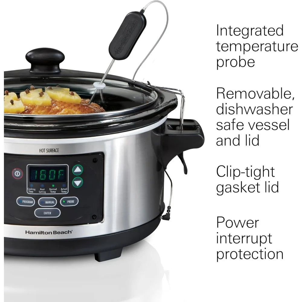 Portable 6 Quart Set & Forget Digital Programmable Slow Cooker with Lid Lock, Temperature Probe, Stainless Steel