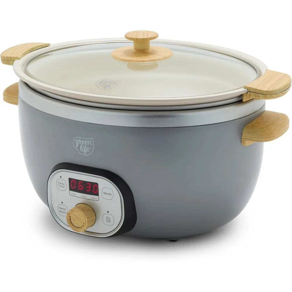 6 QT Ceramic Non Stick Slow Cooker, Programmable Removable Pot for Family Meals, Sear on Stovetop Keep Warm, Digital Timer