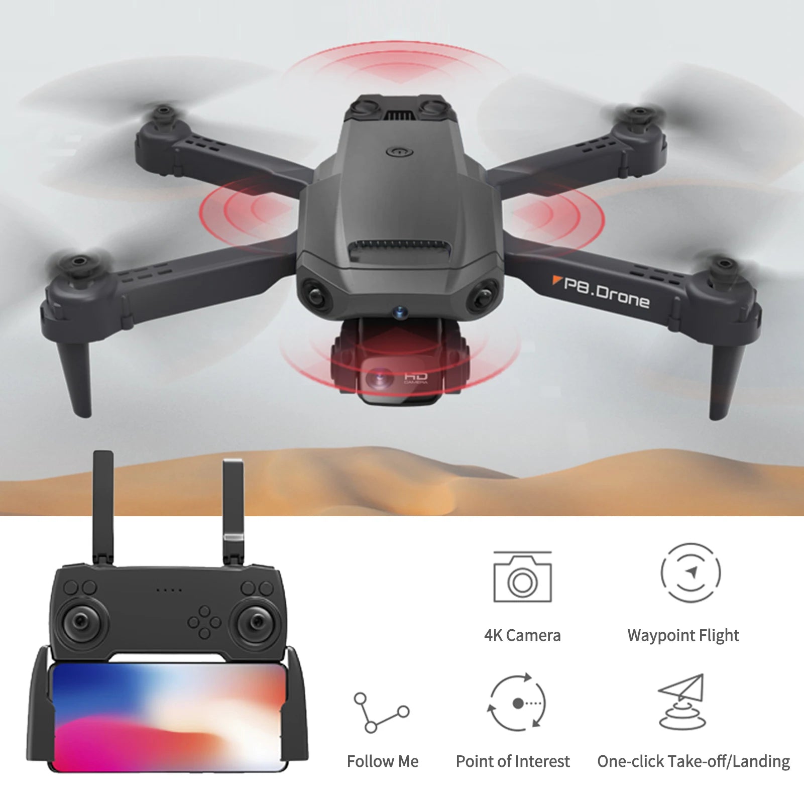 P8 RC Quadcopter with Camera 4K Dual Camera RC Drone with Function 4 Sided Obstacle Avoidance Waypoint Flight Gesture Control