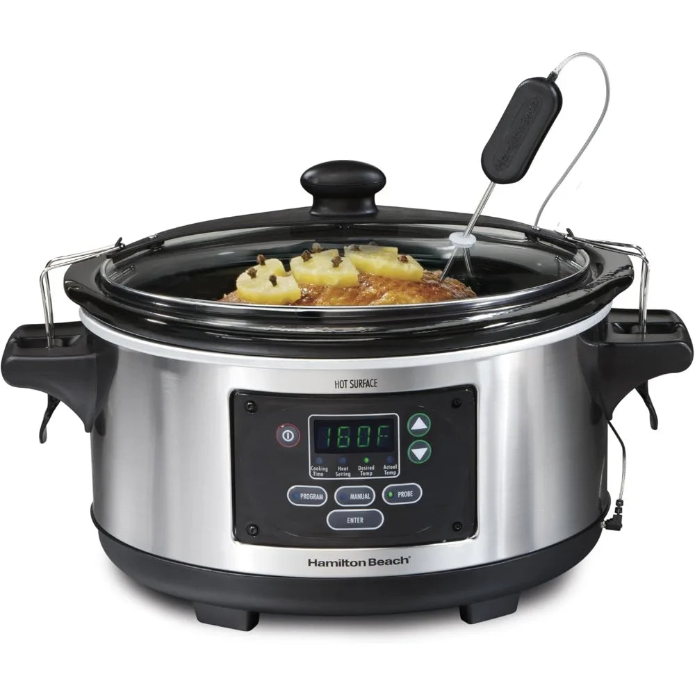 Portable 6 Quart Set & Forget Digital Programmable Slow Cooker with Lid Lock, Temperature Probe, Stainless Steel