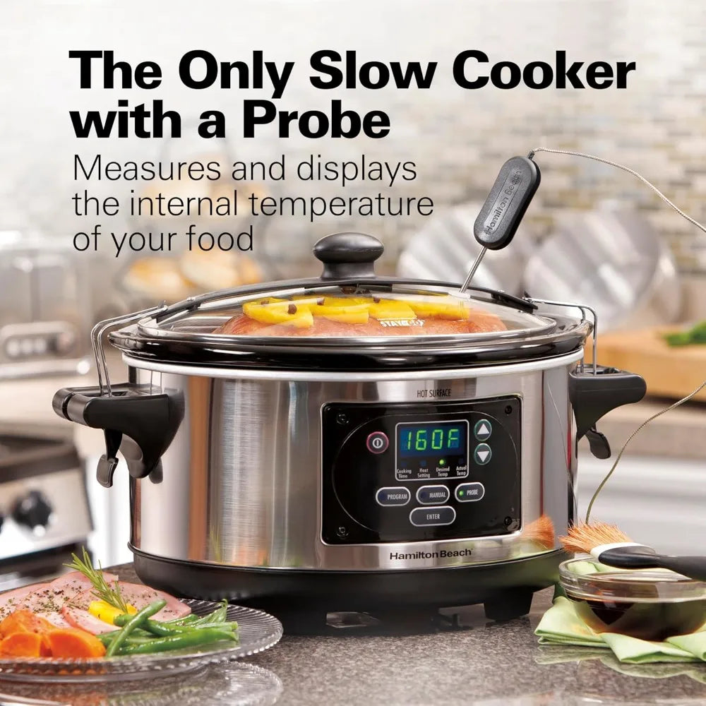 Portable 6 Quart Set & Forget Digital Programmable Slow Cooker with Lid Lock, Temperature Probe, Stainless Steel