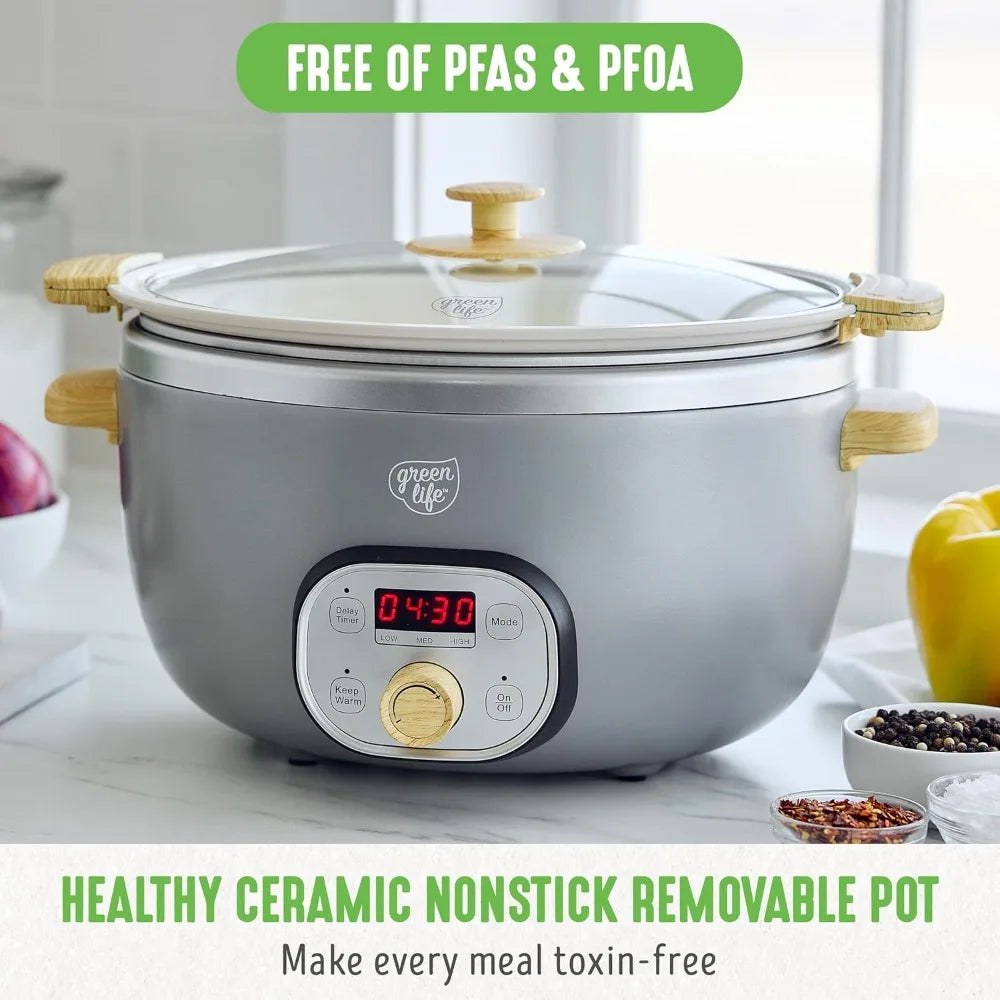 6 QT Ceramic Non Stick Slow Cooker, Programmable Removable Pot for Family Meals, Sear on Stovetop Keep Warm, Digital Timer