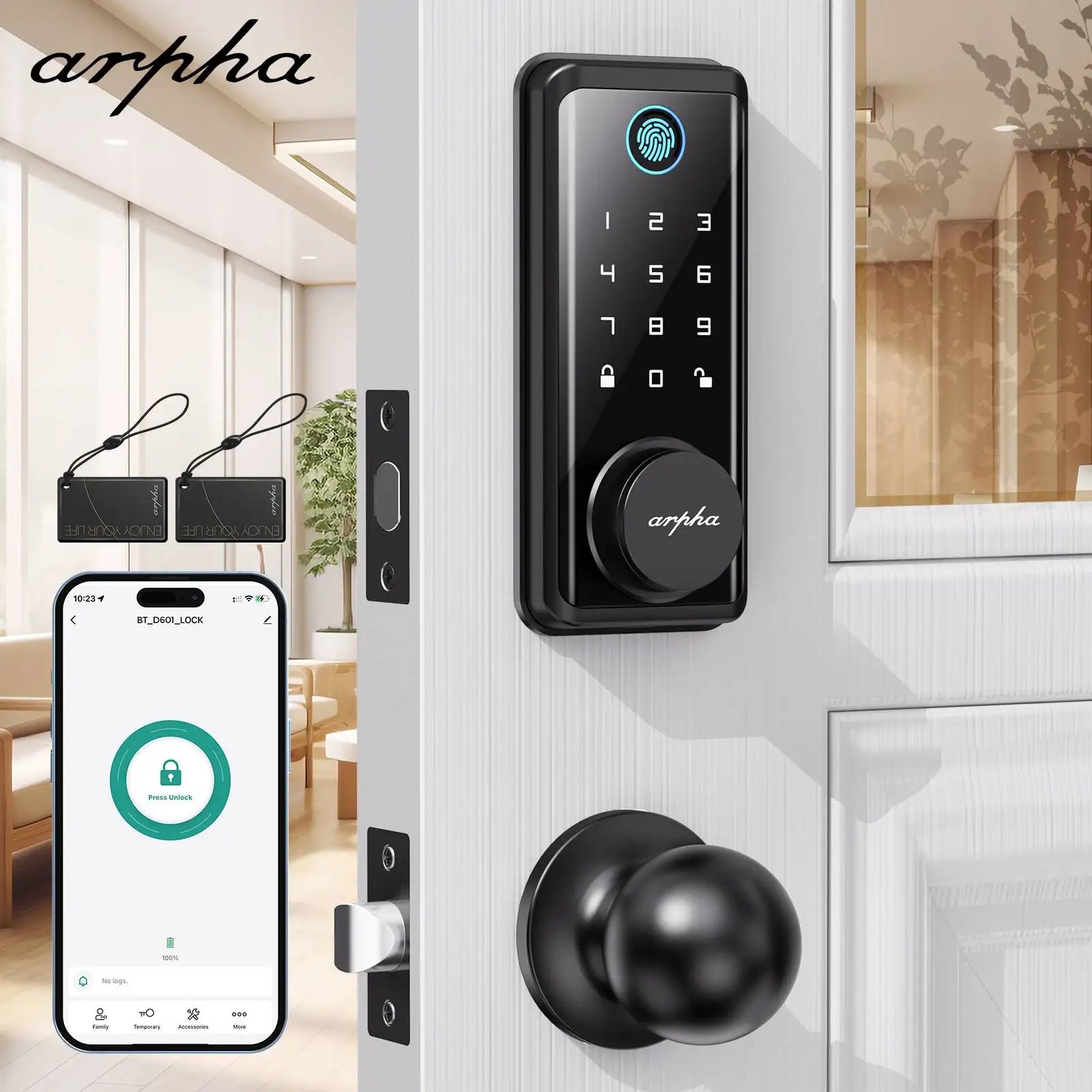 Arpha Smart Lock D601 Fingerprint Keyless Deadbolt Lock Multiple Entry Methods Touch ID IP54 Waterproof Easy Installation Black