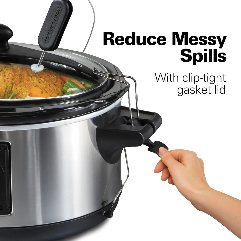 Portable 6 Quart Set & Forget Digital Programmable Slow Cooker with Lid Lock, Temperature Probe, Stainless Steel