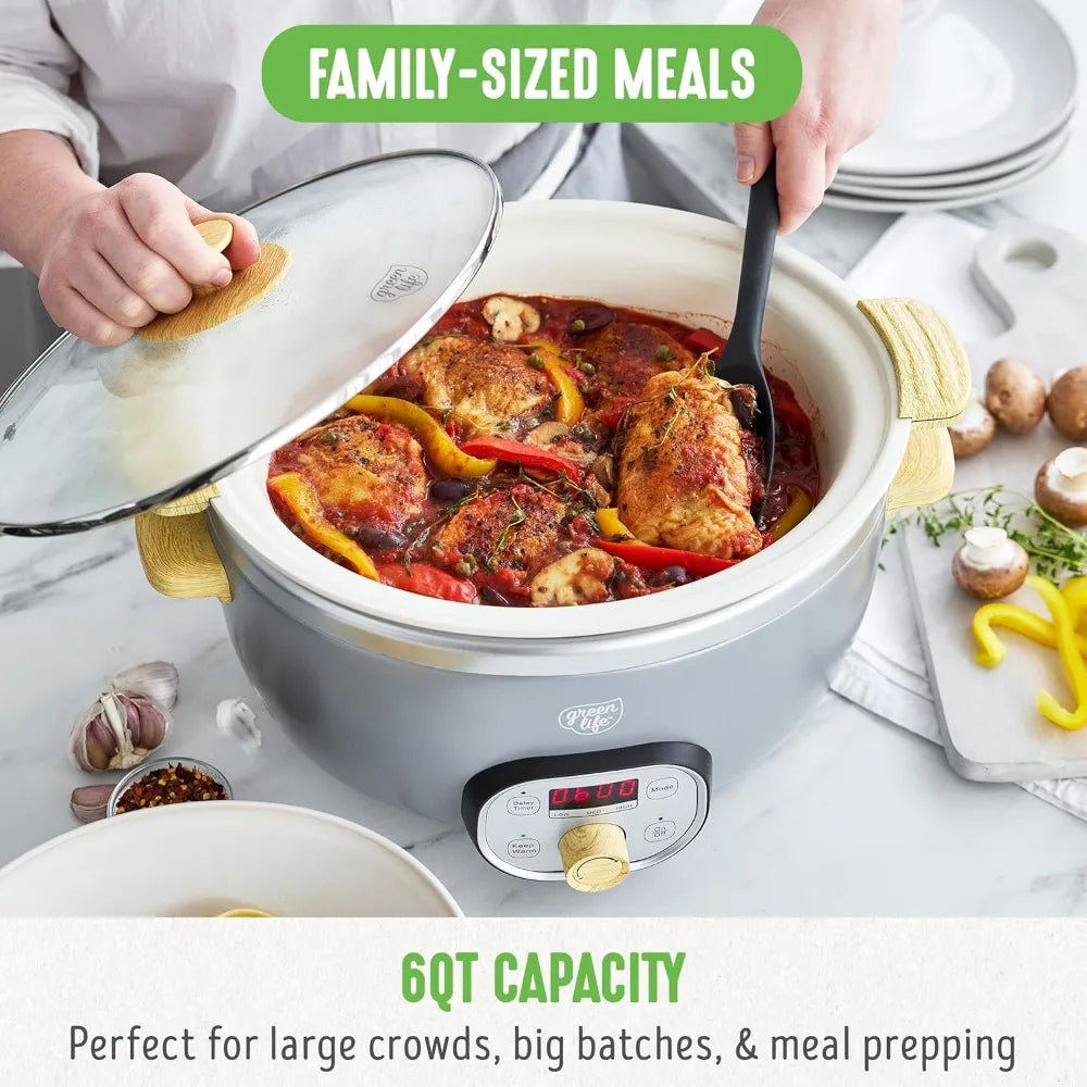 6 QT Ceramic Non Stick Slow Cooker, Programmable Removable Pot for Family Meals, Sear on Stovetop Keep Warm, Digital Timer