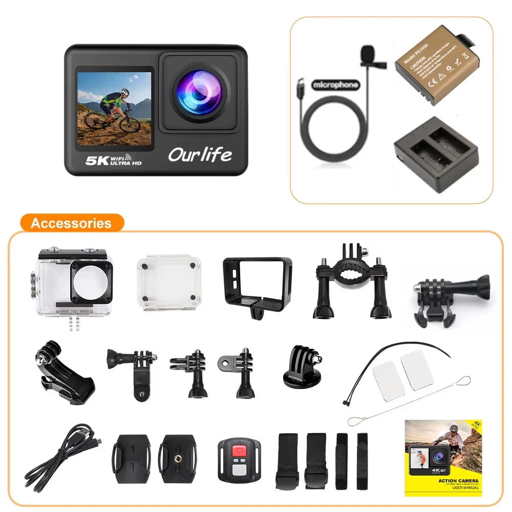 5K Action Camera 4K60FPS 2.0 Inch Touch Screen Wi-Fi 170° Wide Angle 30M Waterproof Helmet Video Recording Sports Cameras