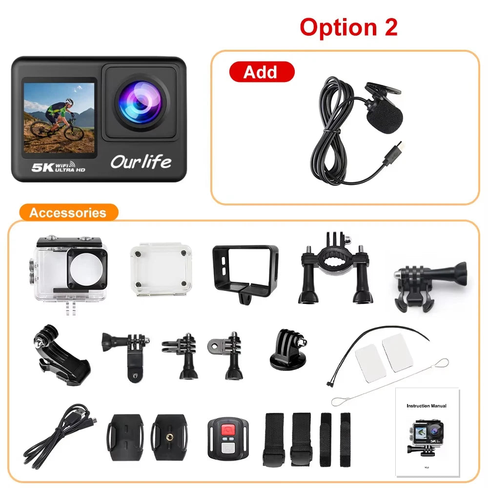 5K Action Camera 4K60FPS 2.0 Inch Touch Screen Wi-Fi 170° Wide Angle 30M Waterproof Helmet Video Recording Sports Cameras
