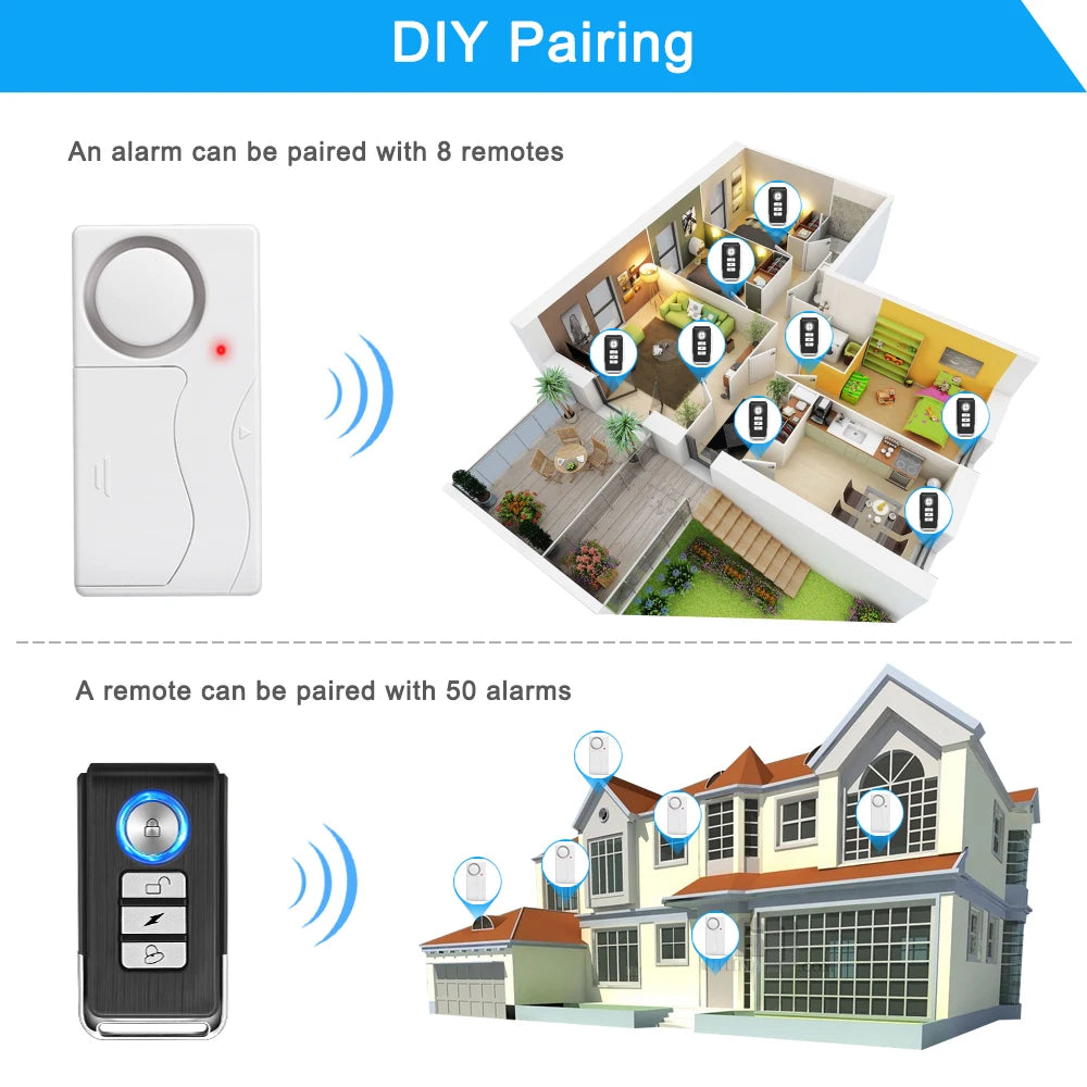 110dB Loud Alarm Windows Open Alarms Magnetic Security Sensor Wireless Remote Door Alarm for Kids Safety