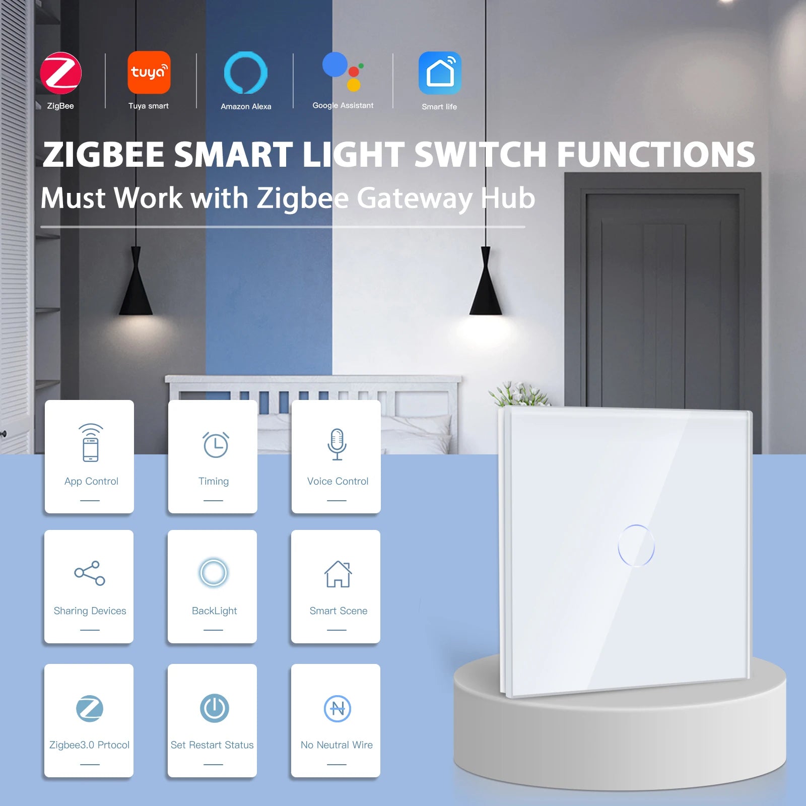 BSEED Zigbee Touch Switches 1/2/3Gang 1Way Smart Light Switch Sensor Wall Switches Tuya Control Smart Life APP Google Alexa