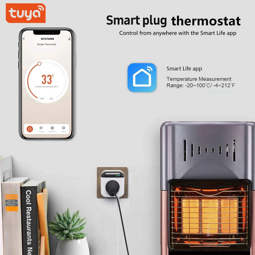 Smart Thermostat Socket 10A Programmable Timed Mini Wifi Temperature Control Socket APP Control Voice Control for Tuya