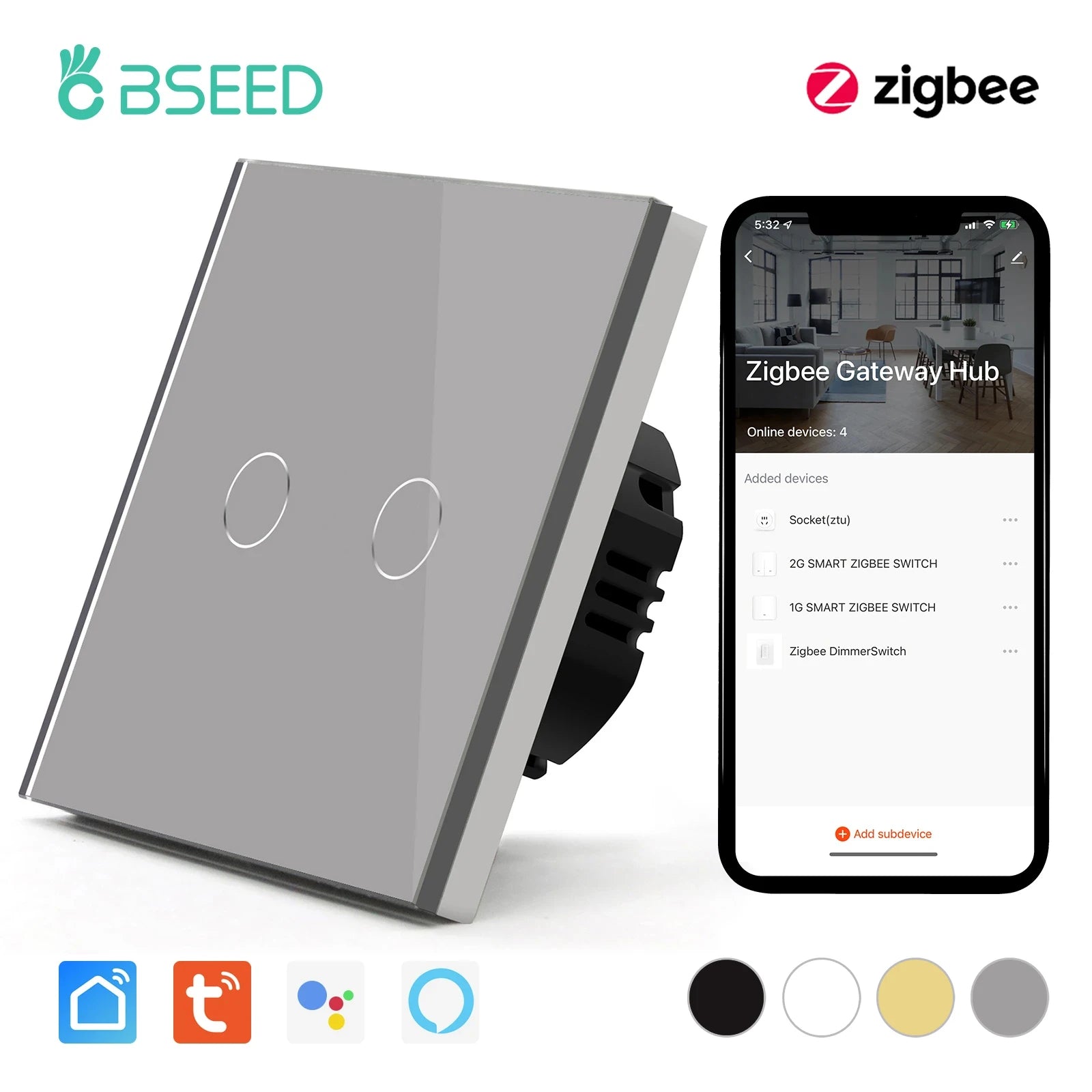 BSEED Zigbee Touch Switches 1/2/3Gang 1Way Smart Light Switch Sensor Wall Switches Tuya Control Smart Life APP Google Alexa