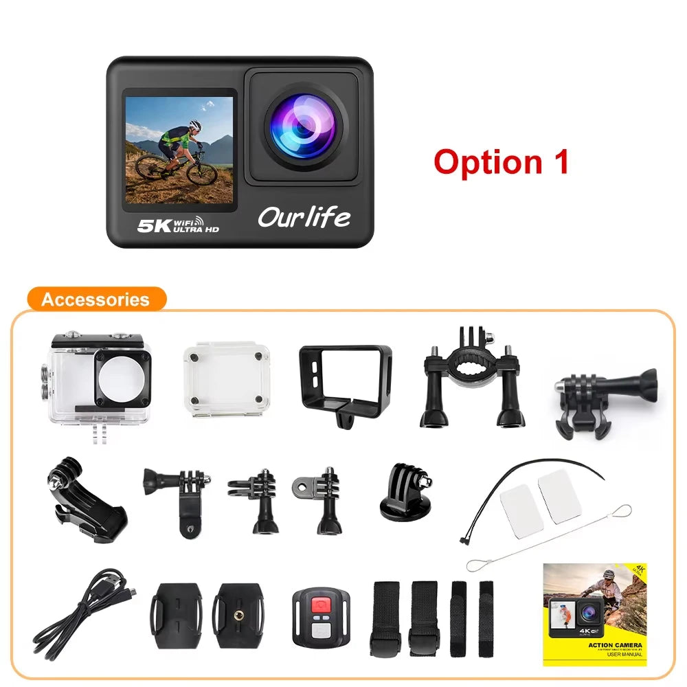 5K Action Camera 4K60FPS 2.0 Inch Touch Screen Wi-Fi 170° Wide Angle 30M Waterproof Helmet Video Recording Sports Cameras
