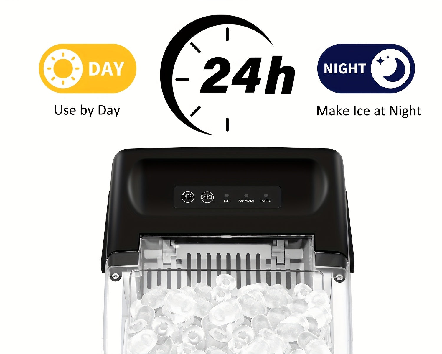 iceSaeoola Countertop Ice Maker Machine, Makes 9 Ice Cubes In 7 Minutes, Self-Cleaning Ice Maker With Ice Scoop And Basket, 2 Sizes Of Bullet Ice For Home, Kitchen, Camping, Party, RV. (BLACK)