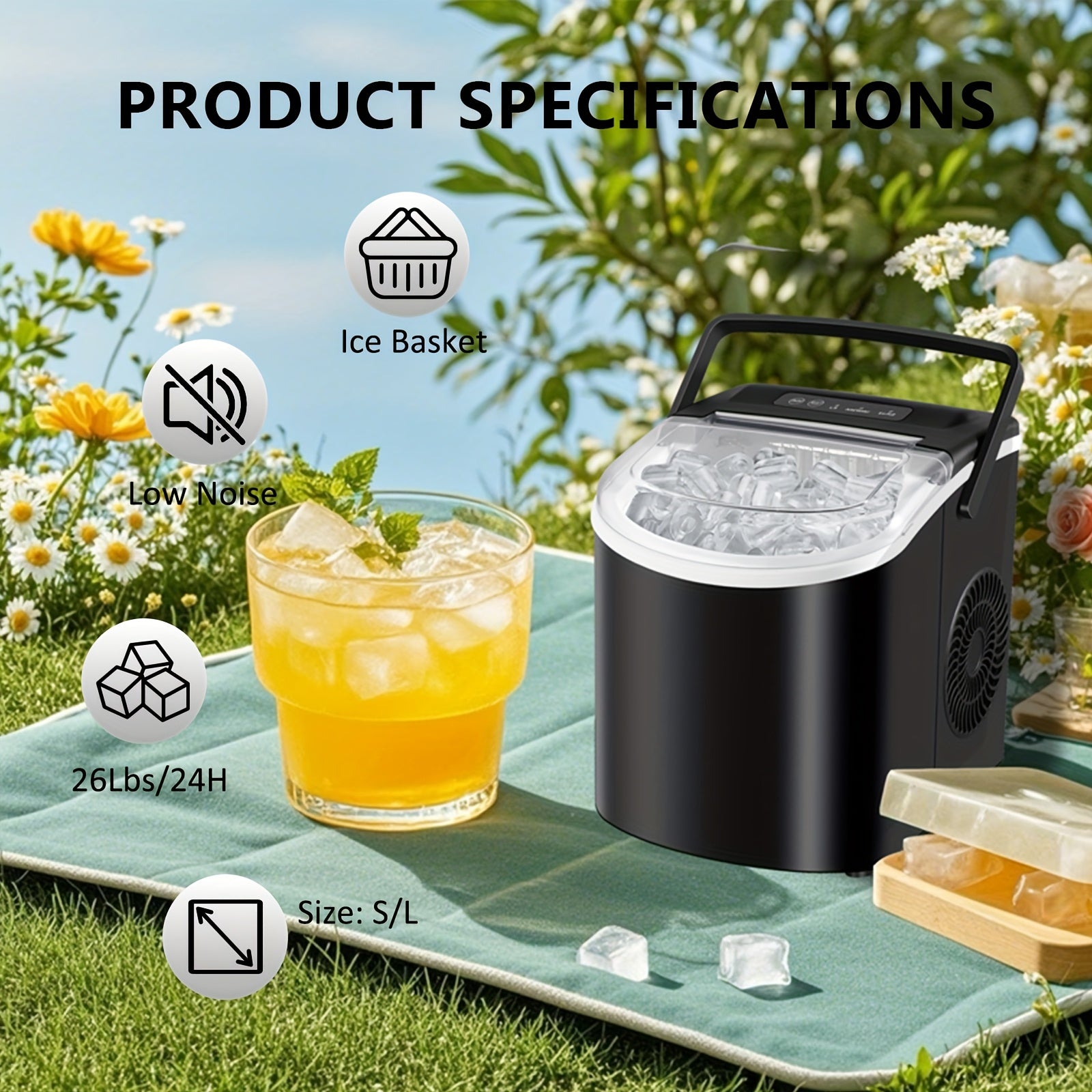 iceSaeoola Countertop Ice Maker Machine, Makes 9 Ice Cubes In 7 Minutes, Self-Cleaning Ice Maker With Ice Scoop And Basket, 2 Sizes Of Bullet Ice For Home, Kitchen, Camping, Party, RV. (BLACK)