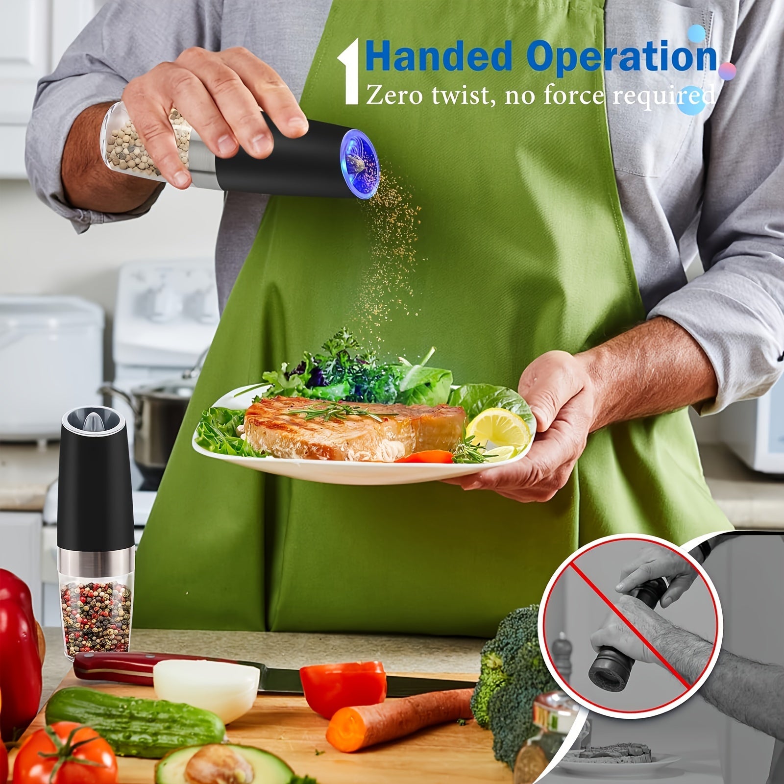 Electric Salt & Pepper Grinder Set – Gravity, LED, Adjustable