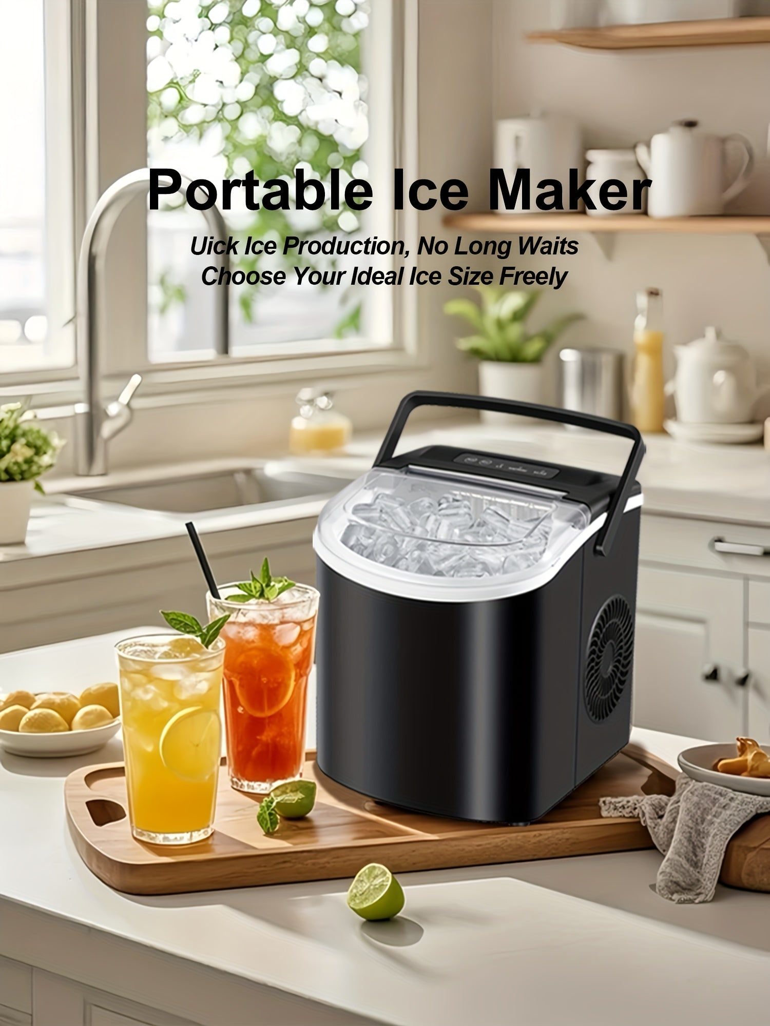 iceSaeoola Countertop Ice Maker Machine, Makes 9 Ice Cubes In 7 Minutes, Self-Cleaning Ice Maker With Ice Scoop And Basket, 2 Sizes Of Bullet Ice For Home, Kitchen, Camping, Party, RV. (BLACK)